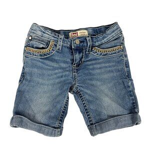 L.E.I Chelsea Lowrise Girls Denim Shorts Size 7 Embroidered Adjustable Waist